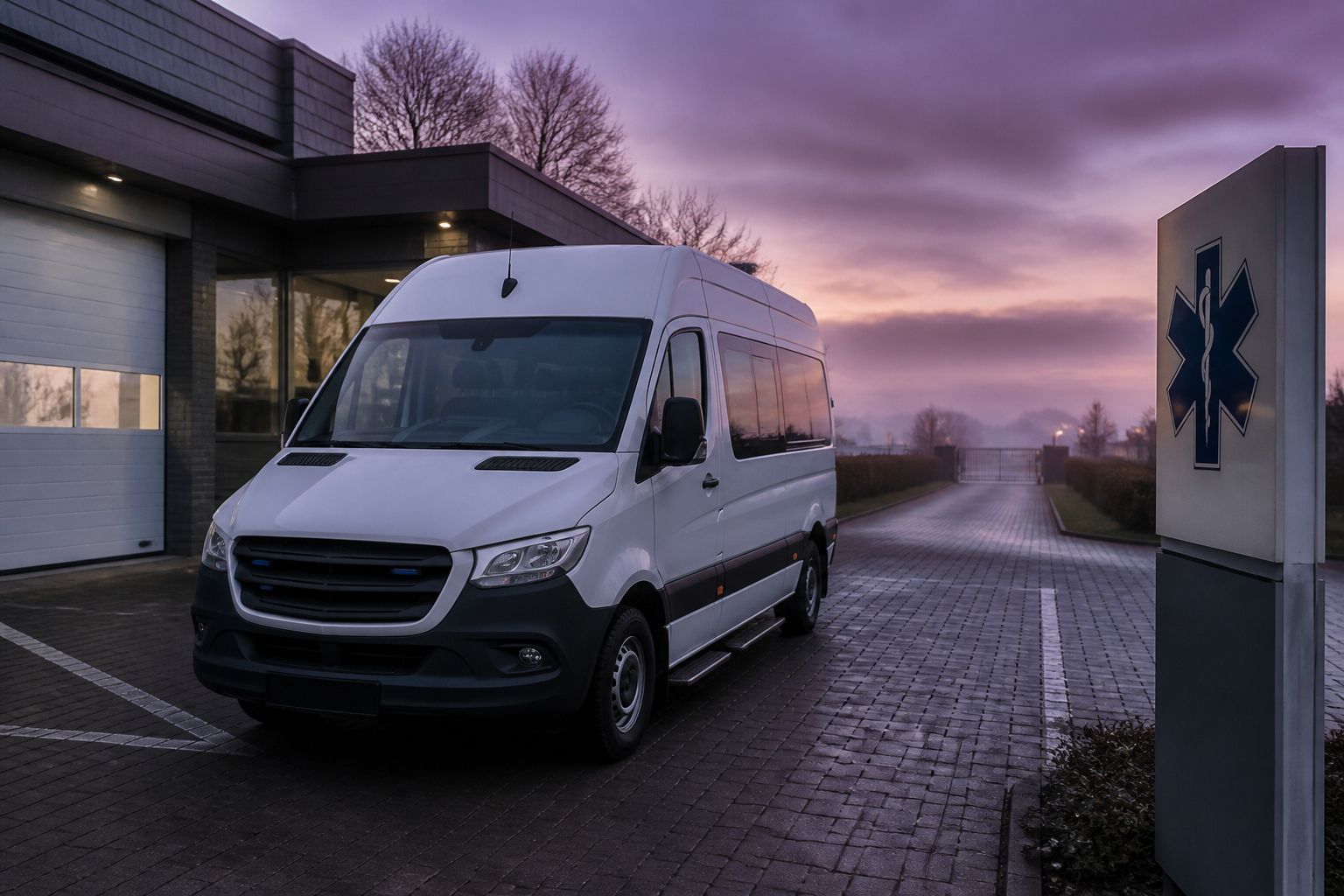 Ambulance stil geparkeerd bij een post in de vroege ochtendmist
