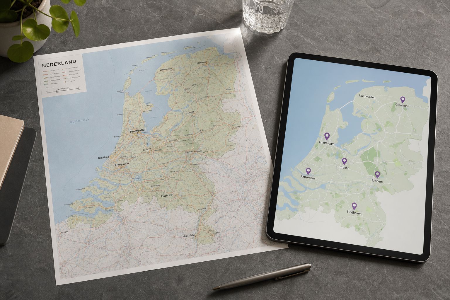 Kaart van Nederland op papier naast een tablet met locatiemarkers
