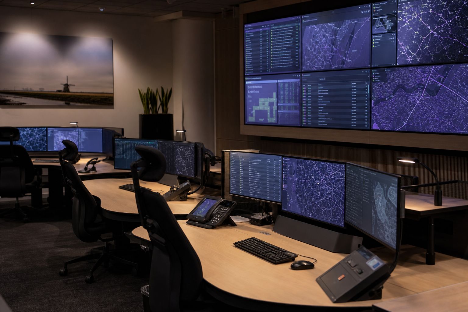 Lege meldkamer met monitoren en een kaartoverzicht, zonder personen