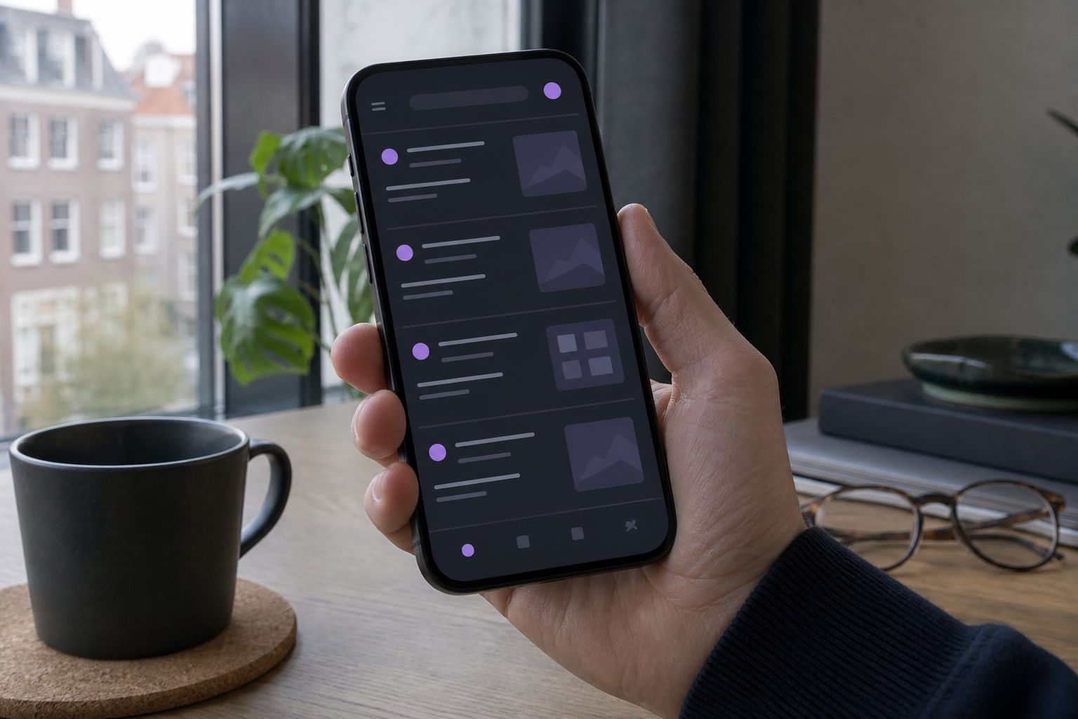 Smartphone met een live meldingen-overzicht in donkere modus