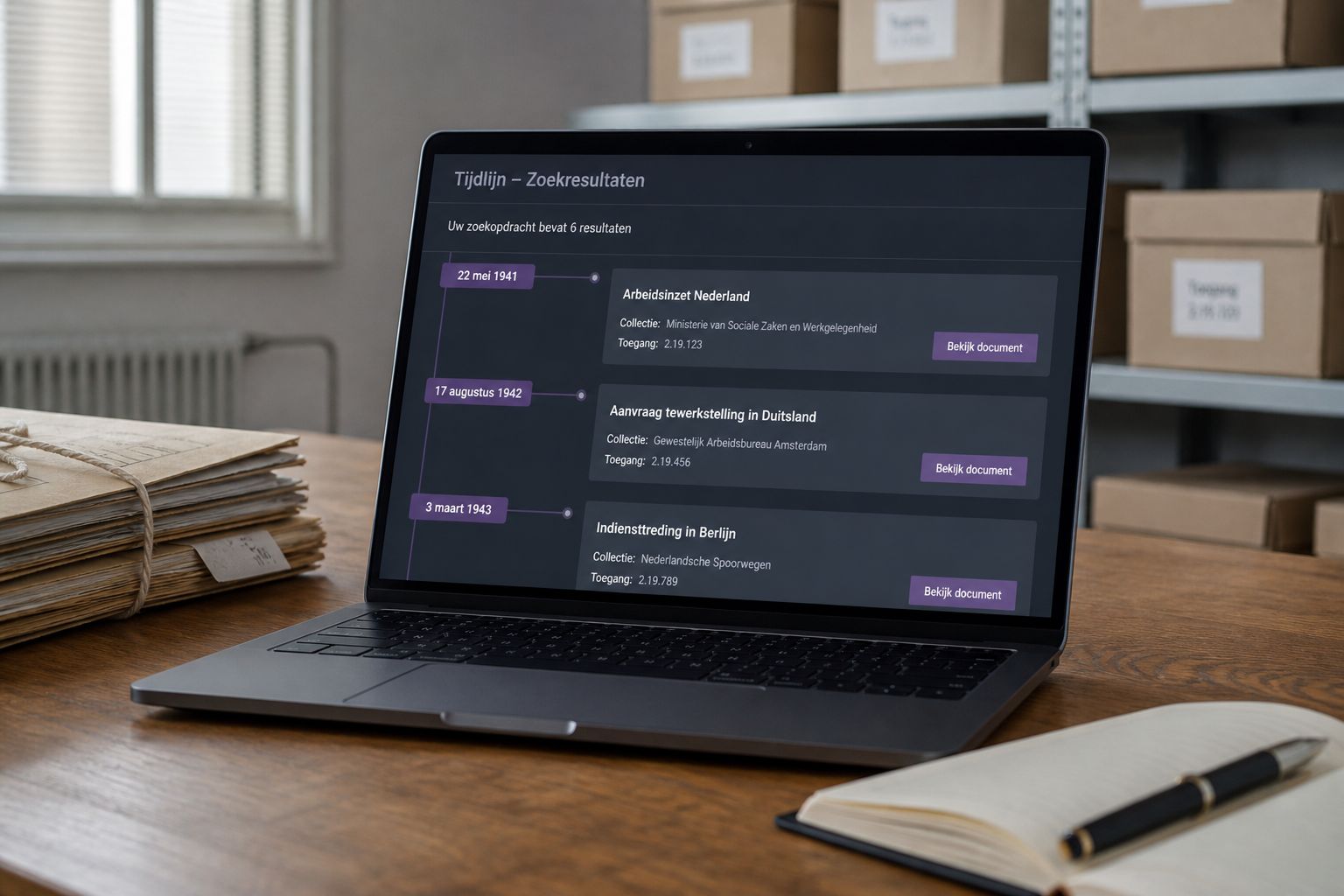 Laptop met een tijdlijn-zoekscherm en archiefdozen op de achtergrond
