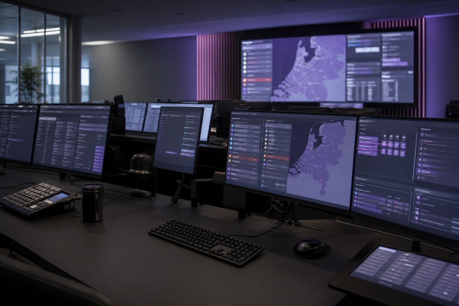 Monitorwand met live P2000-overzicht in een rustige meldkamer-sfeer
