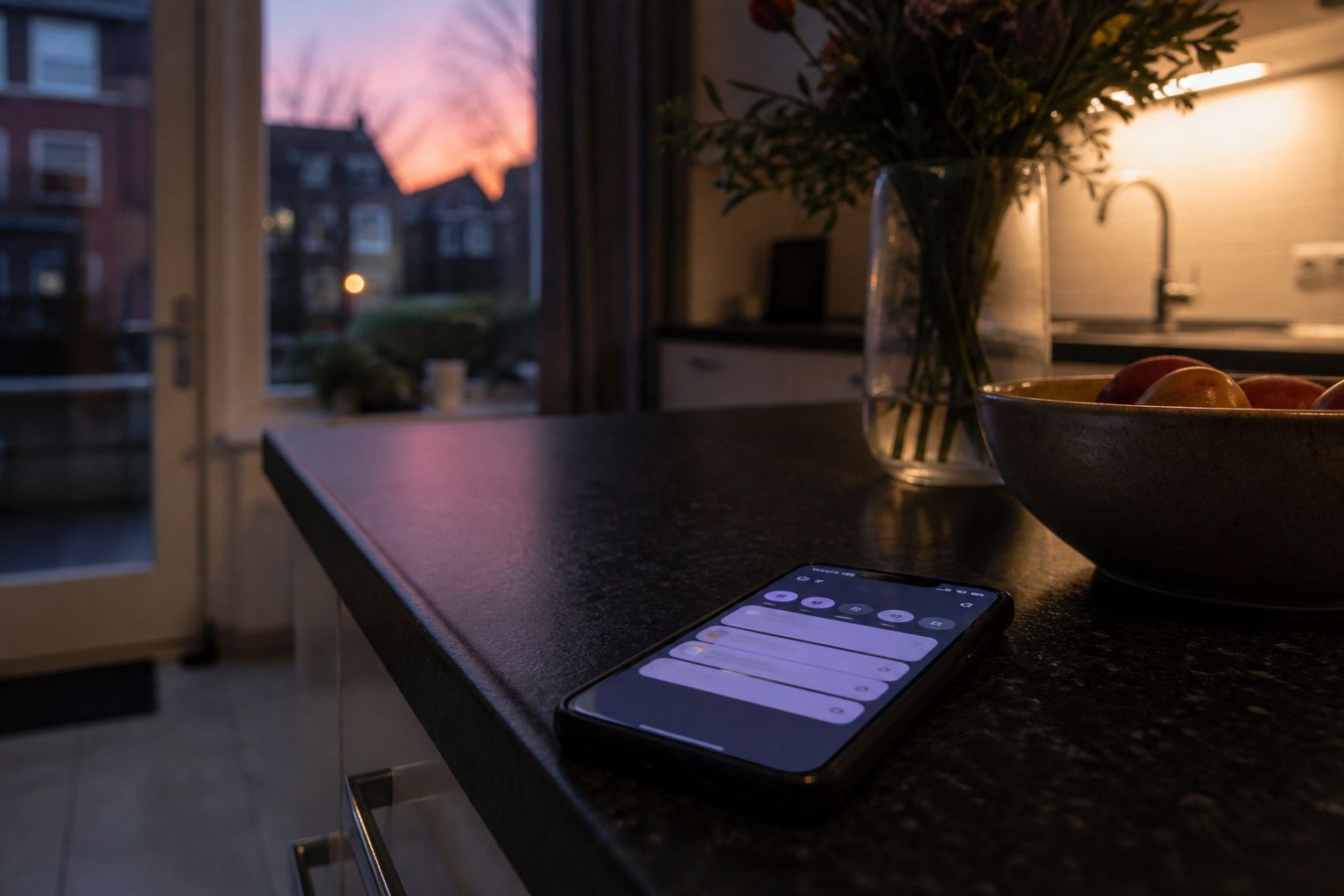 Telefoon op een aanrecht met een notificatie-overzicht