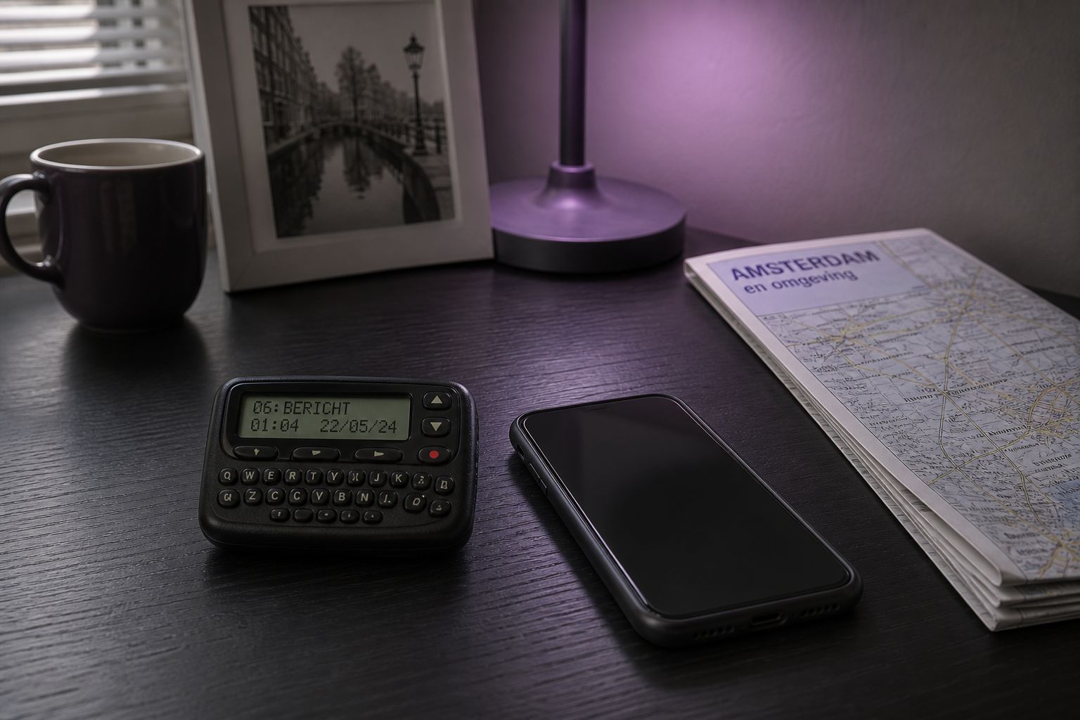 P2000-pager en telefoon op een bureau naast een kaart van Nederland